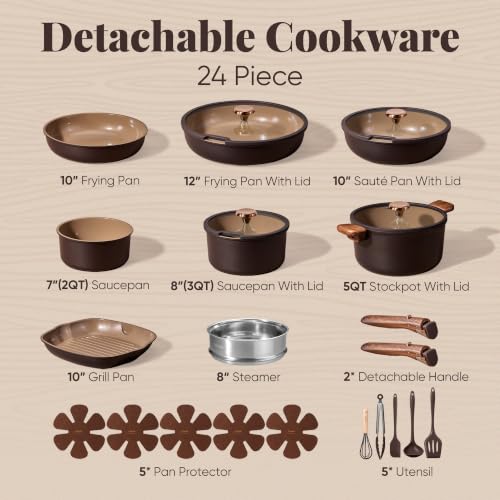 CAROTE 24Pcs Ceramic Cookware Set with Detachable Handle, Non-Toxic Pots and Pans Set Nonstick, Dishwasher/Oven Safe Non Stick Pot and Pan, Kitchen, Camping Use Cooking Set, All Stoves Compatible - Image 2
