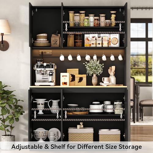 Image of 71 inch Black Kitchen Pantry with Power Outlet & LED Light, Large Kitchen Hutch Cabinet with Adjustable Shelf, Modern Buffet Cabinet with 6 Doors, Food Pantry Storage for Dining Room (Black 6 Doors)