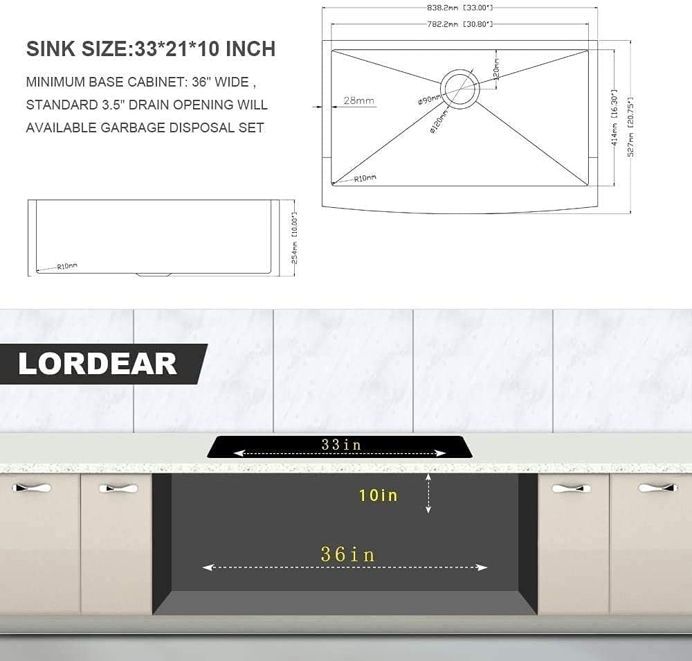 Hot Deals Gunmetal Black Stainless Farm Sink - Lordear 33 inch Farmhouse Sink 16 Gauge Apron Front Deep Single Bowl Stainless Steel Kitchen Farm Sink