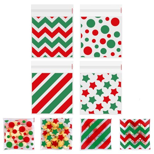 100 PCS Red Green Polka Dots Star Stripe Cellophane bags(4x4 Inch) Colorful Self Sealing Cookie Treat Snack Goodie Candy Goody Gifts Bags for Christmas Birthday Holiday Party Favors Supplies Wrap