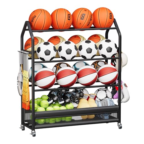Homeiju Sports Equipment Organizer, Ball Storage Rack, Garage Sports Gear Rack with Wheels and...