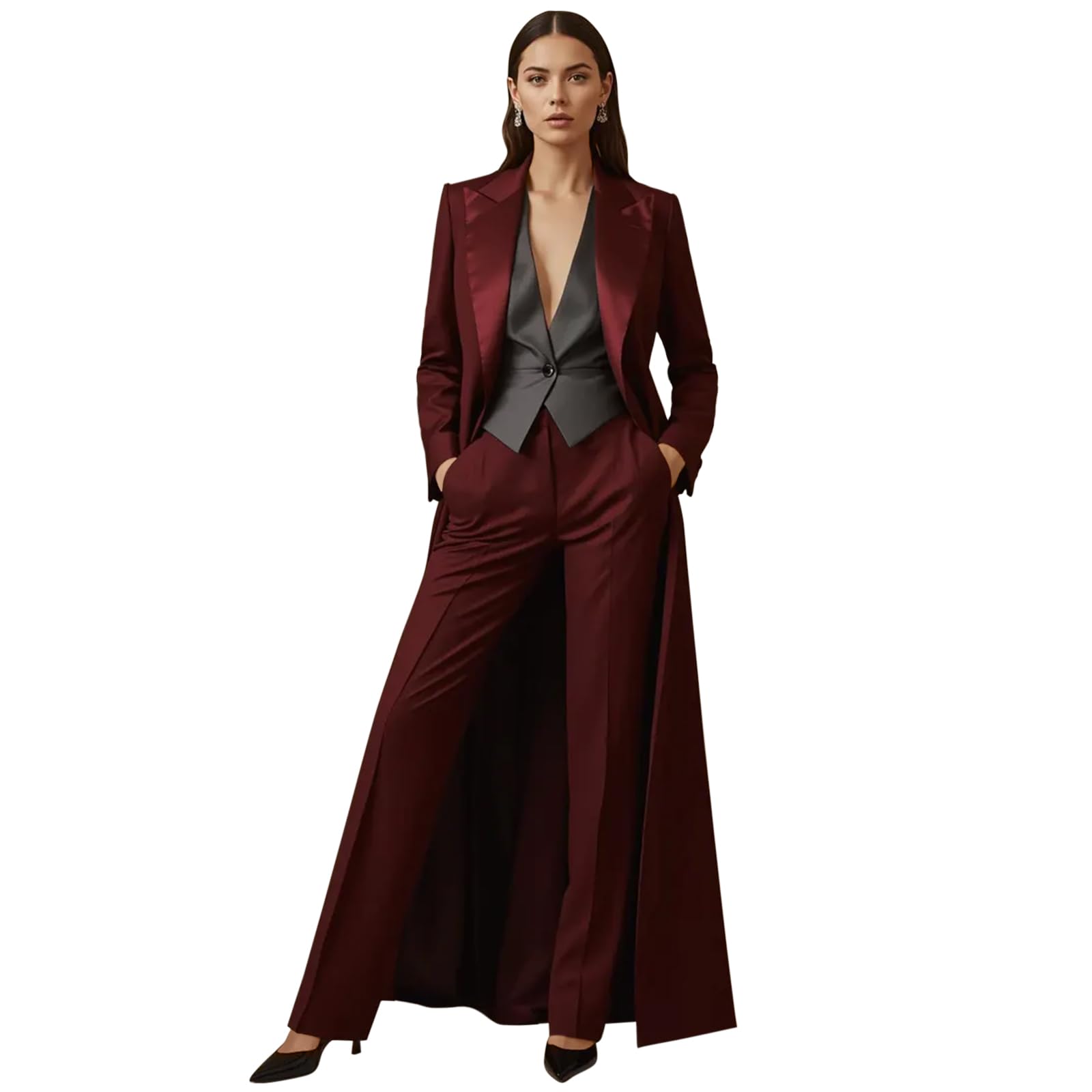 Womens Long 2 Piece Suit Jacket Pants Slim Fit 1 Button Elegant Suit Set for Casual Business Office