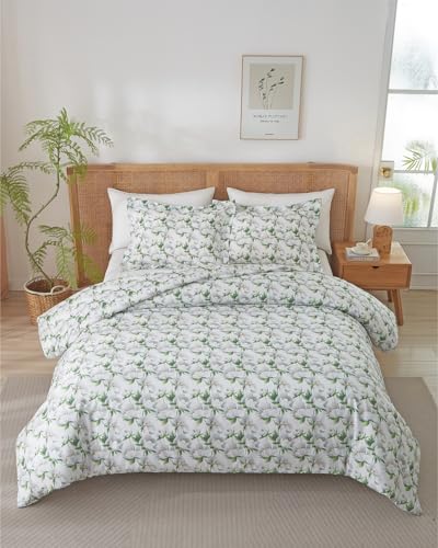 Image of Duvet Cover Cal King Size Set - Extra Soft Floral Duvet Cover 104 x 98 with 2 Pillow Shams - Comfy, Breathable Floral Bedding Set - Hotel Luxury & Fade Free w / Zipper Closures & Ties - Magnolia Garden