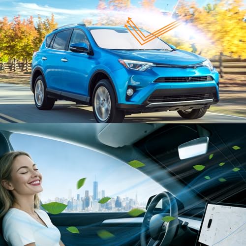 Image of Windshield Sun Shade for 2013-2018 Toyota RAV4 | Foldable, Full covered for windshield, Block UV Rays, Heat Reduction, Easy to install, Keeps Car Cooler