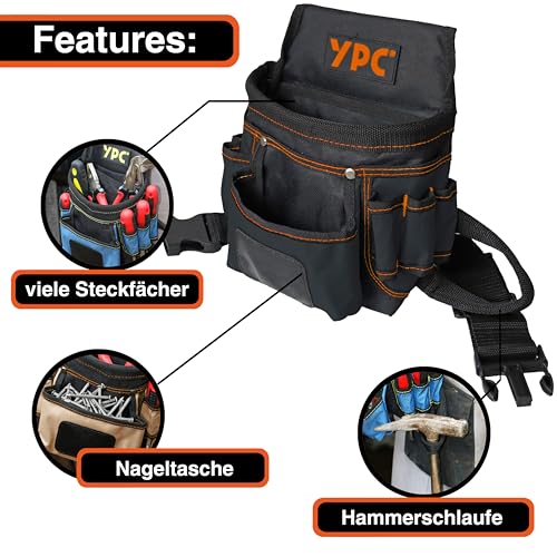 YPC Presto Werkzeug Gürteltasche XL – Werkzeuggürtel, Arbeitsgürtel, wasserfeste Werkzeugtasche mit Hammerschlaufe, reißfester Nylongürtel, 12 Taschen, Schwarz, 27x21x13cm – 5 kg Tragkraft