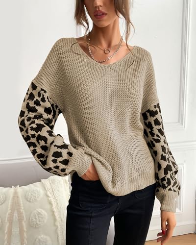Casual Leopard Print Long Sleeve Sweater for Women V Neck Cute Animal Knit Top2