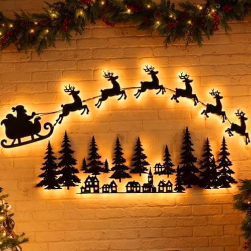 Image of Leannae 3D Wooden Light-Up Reindeer Christmas Decorations Warm Backlit Peel & Stick Entryway Glow LED Reindeer Wall Christmas Decorations for Home Hallways Bedrooms Living Rooms