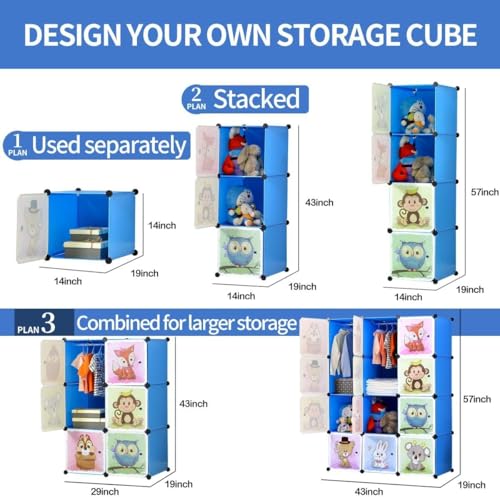 Image of Almirah for Clothes,Plastic Soft Sheet Collapsible Wardrobe for Clothes for Kids Clothes /Toy /Book, Baby Cupboard for Clothes Storage in Bedroom Nursery,Cartoon (Blue, 12-Shelf-12-Door) KTC3
