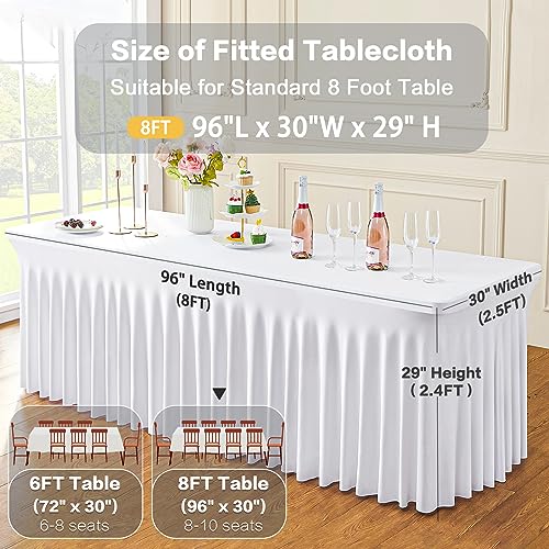 Image of 3 Pack White Spandex Table Clothes for 8 Foot Rectangle Tables, Wrinkle Free Fitted Tablecloths 8ft Stretchy Table Cloths Cover Skirt for Parties Weddings Birthday Banquet Baby Shower