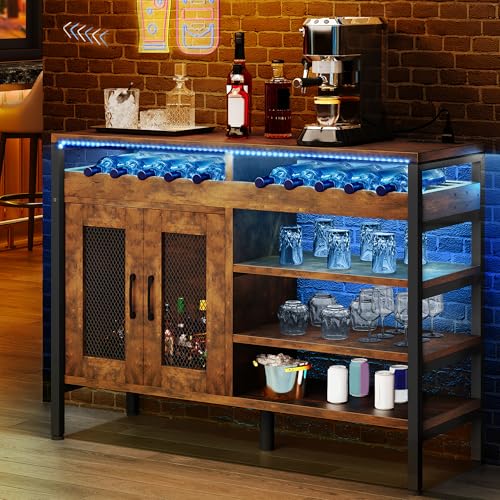 YITAHOME 47" Industrial Coffee Bar Cabinet with Led Lights and Power Outlets, Liquor Cabinet w/Doors Wine Rack Storage Metal Wood Sideboard Buffet Cab