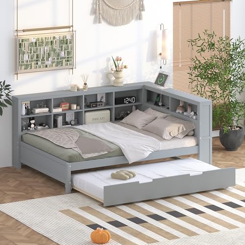 Harper & Bright Designs Full Daybed Frame with L-Shaped Bookcases, Wood Bed Frames with Trundle and USB Ports, Full Size Platform Bed with Storage Shelf and Charging Station for Kids Girls Boys, Grey