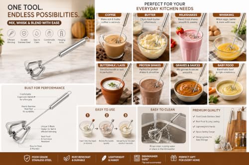 Image of Clazkit Stainless Steel Hand Push Whisk Blender | Manual Egg Beater & Milk Frother | Semi-Automatic Rotary Whisk for Eggs, Cream, Coffee & Baking