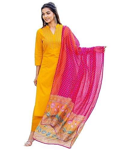 Image of GoSriKi Women's Cotton Blend Straight Printed Kurta with Pant & Dupatta