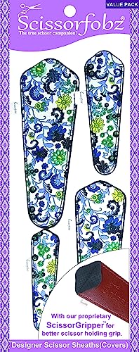 SCISSORFOBZ Designer Scissors Sheaths Shears Protective Covers-4 pcs Assorted Size Value Pack - Blue Victorian Floral Garden Design-#4-304