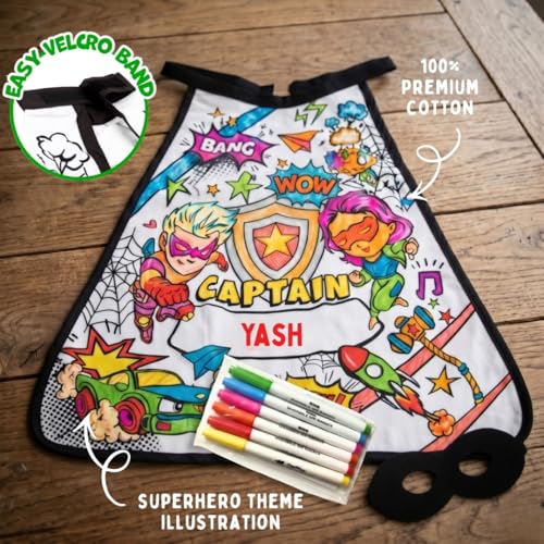 Image of PepPlay Superhero Cape Coloring Kit - Personalised Cotton Cape, Comic Heroes & Shields | Eye Mask + 6 Washable Markers | Reusable Pretend Play Birthday Return Gift for Boys Age 4-8