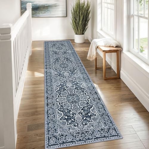 KUTA Vintage Floral Washable Runner Rug, 2x8 Navy Blue Runners for Hallways Non-Slip Kitchen Rugs Ultra Soft Printed Distressed Tribal Floor Carpet for Bedroom Living Room Nursery