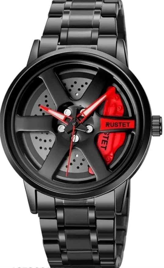 Image of Gyro Men's Black Dial Analogue Watch New Wheel Spinning Creative Fashion League Fans Butterfly Double Snap Gift Wrist Watch (Red,5)
