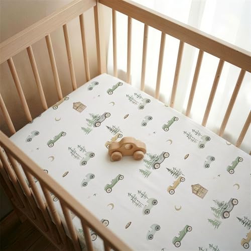 Image of Gllquen Baby Bedside Sleeper Bassinet Sheets 33x20 Inch 4 Pack Girl Boy | Soft OEKO-TEX Certified Bassinet Crib Sheet, Compatible with Baby Delight, Newton Rectangle Bassinet Mattress, Green Car