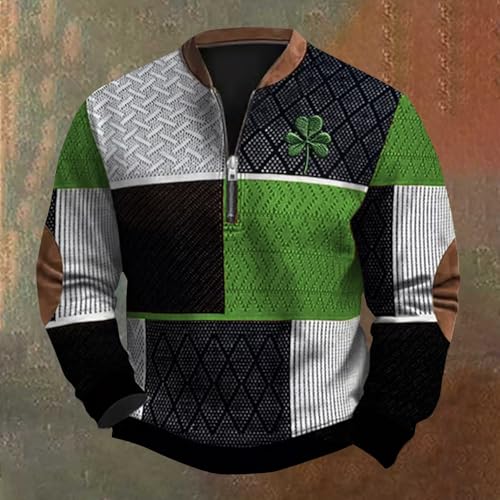 Men's St. Patrick's Day Sweatshirt Textured Shamrock Graphic Quarter Zip Pullover Retro Irish Clothes Sweater2