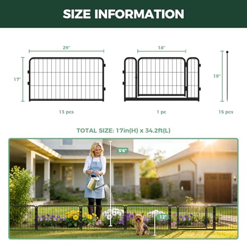 Image of FXW Garden Fence Outdoor for the Yard - 17in(H) x 34.2ft(L) Heavy Duty Metal Animal Barrier for Dog, No Dig Decorative Dog Fence, 14 Panels, Black