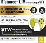 5FT Dryer Extension Cord (Distance ≤1.1M) 4-Prong N14-30 Plug 30AMP 220V Canada Dryer Cable(UL Listed) 10AWG Pure Copper Heavy Duty Cord,Extension≤1.1M