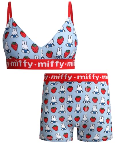 COCO BRANDS Miffy Womens Underwear Set - 2 Piece V-Shaped Sports Bras for Women & Boyshort Womens Bra and Panty Set Size Small Blue Miffy & Strawberries Print