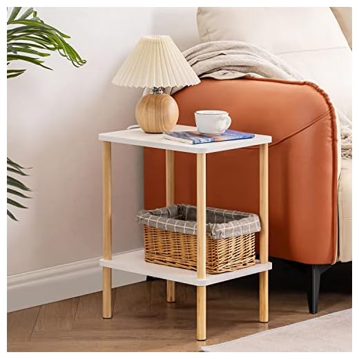 Apicizon 2 Tier End Table, Boho Side Table with Storage Shelf, Nightstand Bedside Table for Small Spaces, Bedroom, Living Room, Entryway, Farmhouse, Easy Assembly, White+Natural