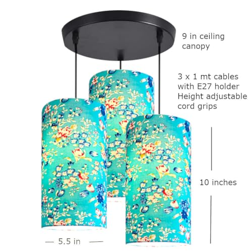 Image of Hanging Lamps for Hall - 3 Set Hanging Cluster Light - Pendant Lamps in Cylindrical Shape for Living Rooms /Bed Rooms (Blue Floral Fabric)