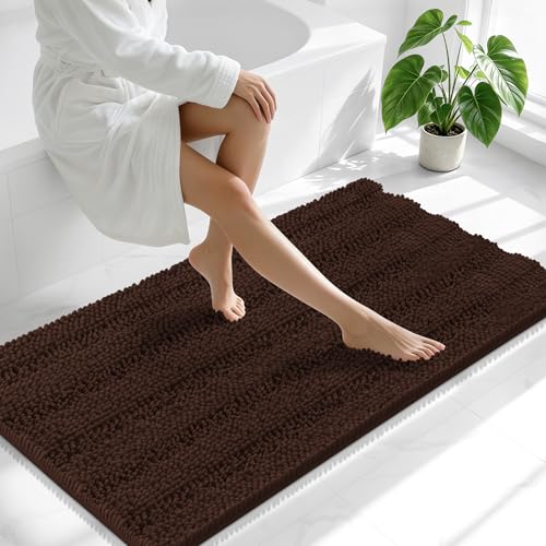 Image of Smiry Thick Chenille Bathroom Runner Rugs 47x24, Extra Absorbent Striped Bath Mat, Machine Washable, Rubber Backing, Long Bath Rugs for Tub & Shower, Modern Home Decor Accessories, Brown