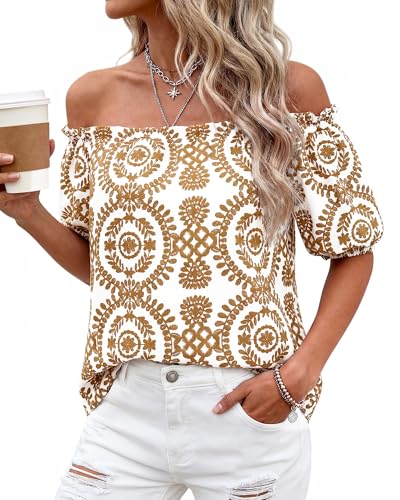 BTFBM Off The Shoulder Boho Tops for Women 2026 Summer Spring Short Sleeve Floral Loose Resort Beach Vacation Clothes(Floral Khaki, X-Large) — view 3