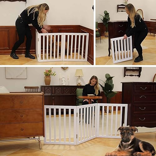 Image of Belief Foldable Wooden Pet Gate for Dogs & Cats - Indoor Safety Barrier for Doorways, Hallways & Stairs | Free-Standing, Portable White Dog Fence - 3 Panel, 60 cm Height (【3 Panels 】 59''W x 24''H)