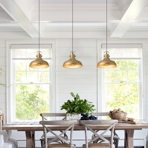 Image of Gold Modern Pendant Lights Kitchen Island Fixtures | ETL Certificate,Industrial Adjustable Height Vintage Dome Hanging Light Fixtures for Barn,Dining Room 3 Pack