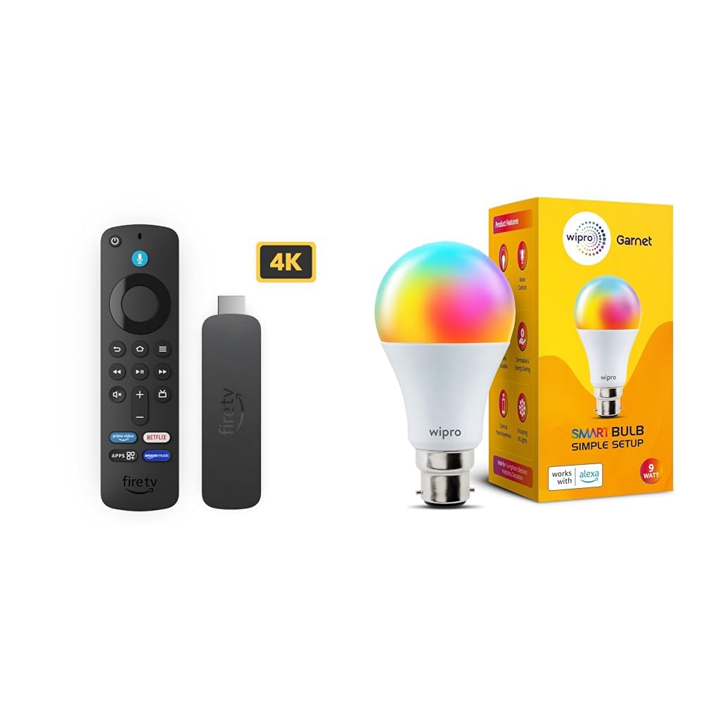 Amazon Fire TV Stick 4K Gift twin pack with Wipro 9W Simple set-up LED Smart Color Bulb Amazon Fire TV Stick 4K Gift twin pack with Wipro 9W Simple set-up LED Smart Color Bulb