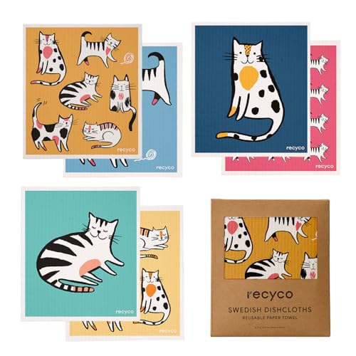 Recyco キッチンクロス セルロース クロス 17×19cm ふきん 6枚セット 天然繊維 スポンジワイプ ねこちゃん ぐんぐん吸水 速乾 耐久性 吸水スポンジ キッチンタオル 抗菌 防臭 断熱マット