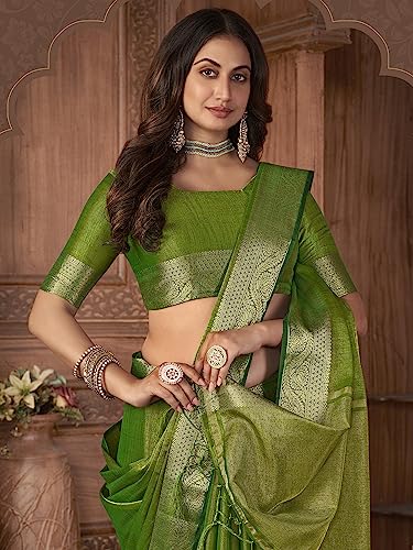 Image of AKHILAM Women's Pink Woven Design Tissue Saree With Unstitched Blouse Piece