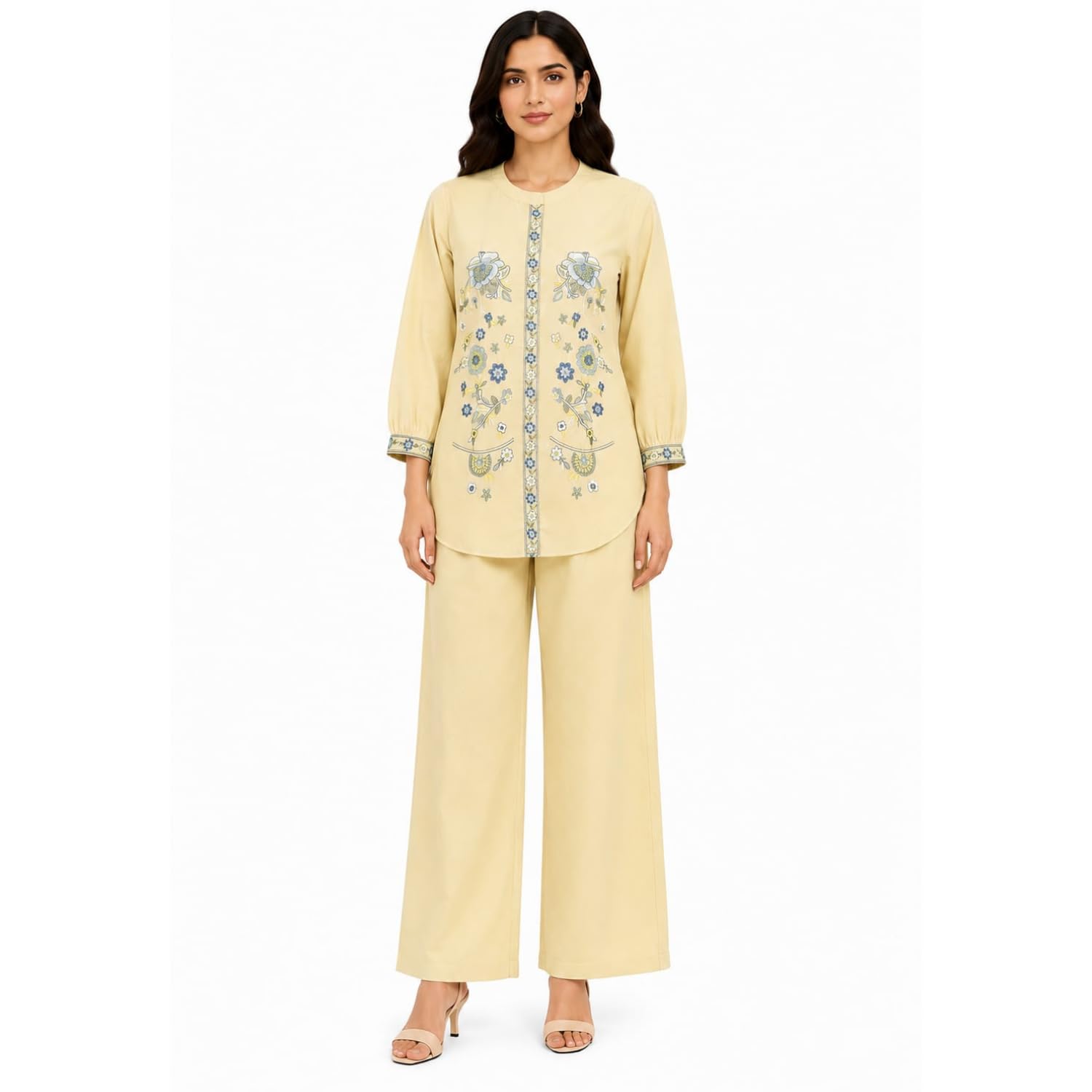vemes Women's Pure Cotton Embroidered Straight Co-Ord Set | Regular Fit Shirt & Wide Leg Pant Set | Round Neck | Full Sleeves | Two Piece Cotton Outfit | Casual Office Daily Wear-picture-57