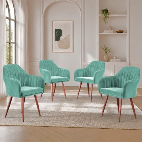 Image of Vergo Plush Velvet Dining Chair, Cushion Seat, Wooden Frame, Metal Legs, Premium Accent Chair for Living Room, Bedroom, Dining Room, Cafe & Restaurant (Set of 4, Turquoise)