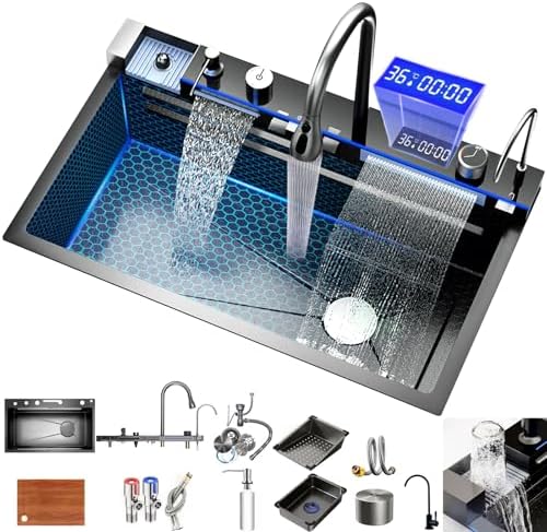 Kitchen Sink With Waterfall Faucet Stainless Steel Large Single Slot Bionic Honeycomb Black Wash Basin Topmount Apron Front - View #5