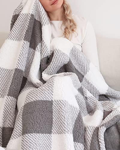 Panku Plaid Sherpa Throw Blanket With Solid Plush Reverse, Reversible Soft Fleece Checkered Blanket For Couch And Bed, Cozy And Warm Fuzzy Blanket, Grey Plaid, 50X60 Inches #TOP2