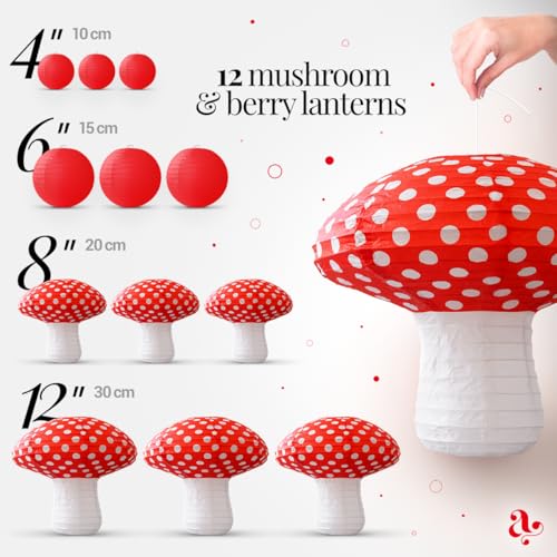Mushroom Paper Lanterns and Berries, Large Mushroom Decorations for Enchanted Forest Decorations, Fairy Tea Party, Garden Party, and Alice in Wonderland Decor by Avoseta (12 pcs)