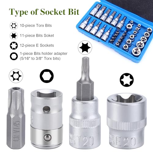 Faankiton 34PCS Torx Bit Socket Set, E Star Socket Set, Including 12PCS E4-E20 Nuts, 11PCS T10-T60 - Image 3
