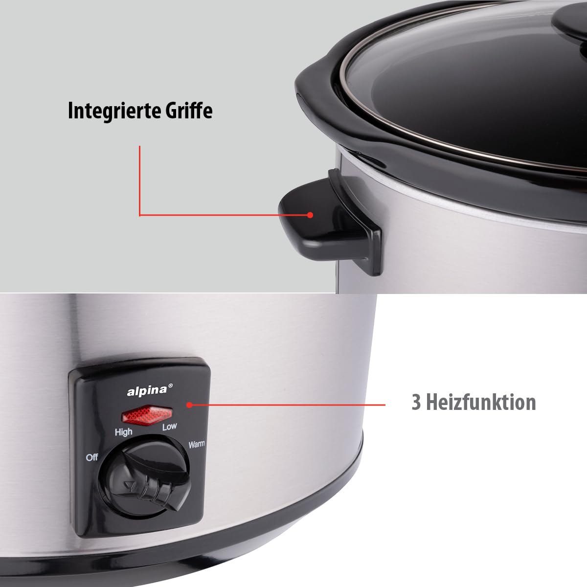 alpina Slow Cooker 3,5L - Multikocher mit Warmhaltefunktion - Crockpot mit Keramik-Innenpfanne und Glasdeckel - Multicooker 240W - Crock Pot Edelstahl, Silber
