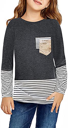 Image of Girls Casual Long Sleeve Color Block Pullover Top Stripe Button Crewneck Loose Tunic T-Shirts Blouse Size 4-13 Year