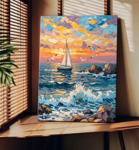 Image of ArtX Boat Canvas Painting for Vastu, Colorful Landscape Wall Art, Nature Canvas Painting, Gallery Wrapped Canvas for Living Room, Bedroom, Office Decor, 45 x 58 cms