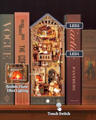 Image of Tonecheer DIY Book Nook Kit for Adults, 3D Puzzle Wooden Miniature House Kit, Booknook Dollhouse Bookshelf Insert Decor Bookend with Dust Cover and LED Lights Gifts (Leonardo da Vinci)
