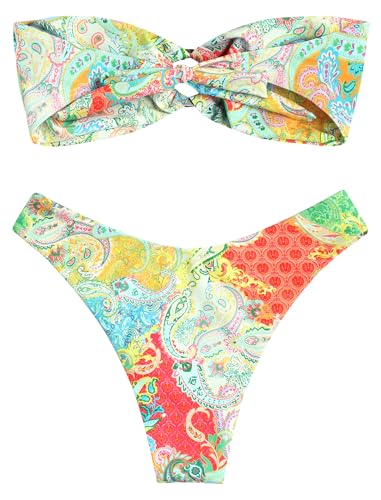 Image of ZAFUL Women's Bandeau Bikini O Ring Strapless Tie Back High Cut Two Piece Swimsuit Bathing Suits