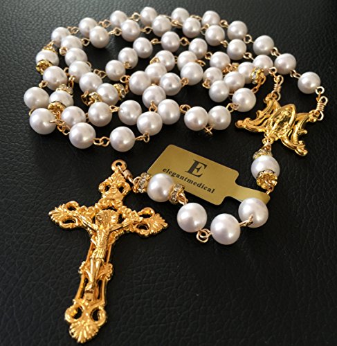 elegantmedical HANDMADE CATHOLIC GLOD 8MM REAL PEARL PEARL BEADS NECKLACE 5 DECADE ROSARY & CROSS CRUCIFIX BOX - Image 6