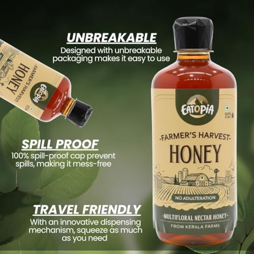 Image of Eatopia Farmer's Harvest Honey 1 kg | Squeeze Bottle | Natural Ayurvedic Immunity Booster | 100% Natural & Pure Honey | No Added Sugar | No Adulteration | Nectar Honey | Pack of 2 with 500g Serving each