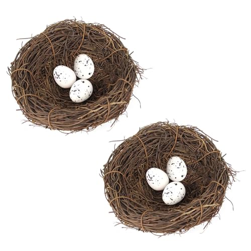 LWINGFLYER Artificial Birds Nest with Eggs 2 Sets Large Decorative Rattan Birds Nest 4.7Inch for Spring Christmas Tree Ornaments Easter Decor Crafts Patio Garden Home Decor