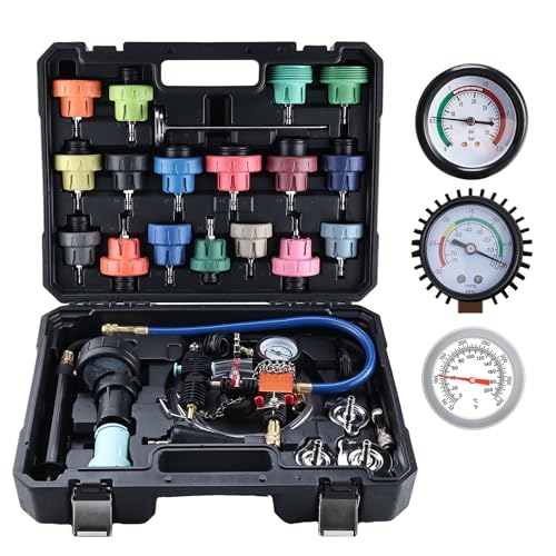 FreeTec 31tlg Kühlsystem Abdrückgerät, Kühler Abdrückgerät Kühlmittel Vakuum Befüllgerät Set, Universell Kühlsystem Abdrücken Kühlerabdrückgerät Kühlmitteldruck Tester Lecksucher mit Pumpe Adaptern